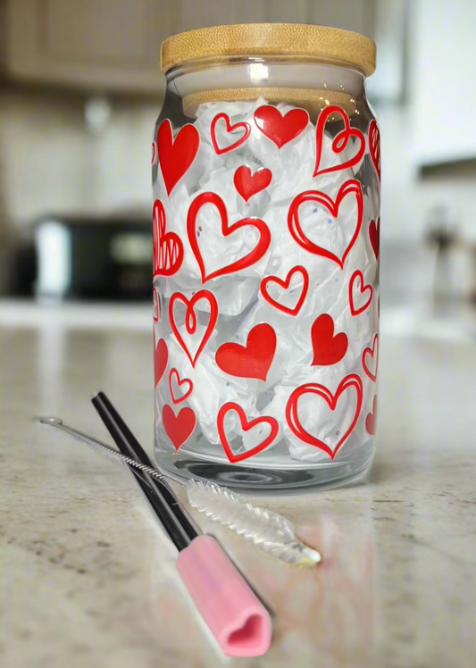 Red Hearts Glass Cup 16oz