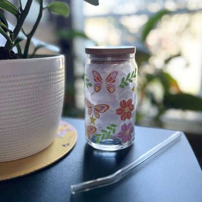 🦋🌸Spring Butterfly & Floral Glass Cup